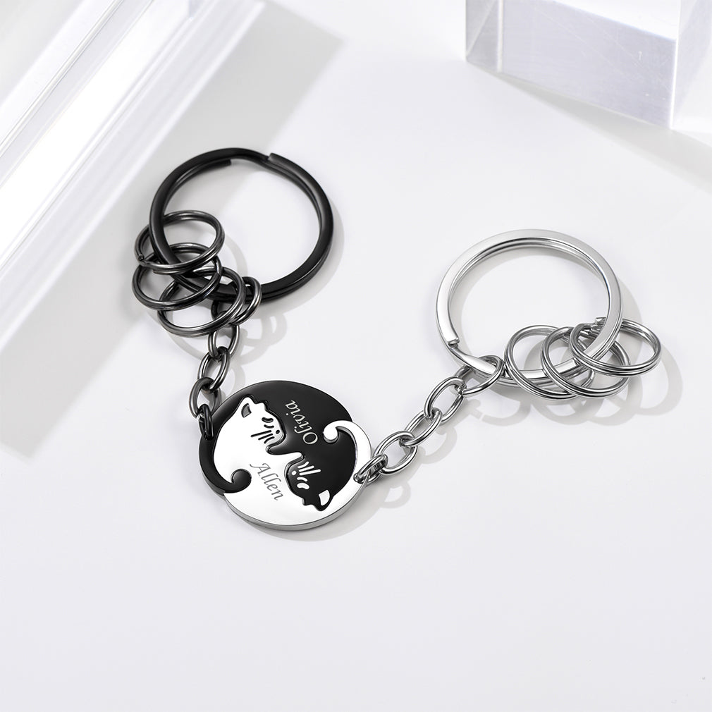 Custom4U Yin Yang Cat Puzzle Matching Couple Key Chains-Black+Steel