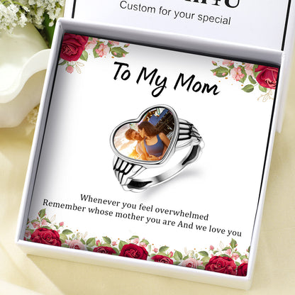 Custom4U Personalized Heart Photo Rings with Angel Wing for Women