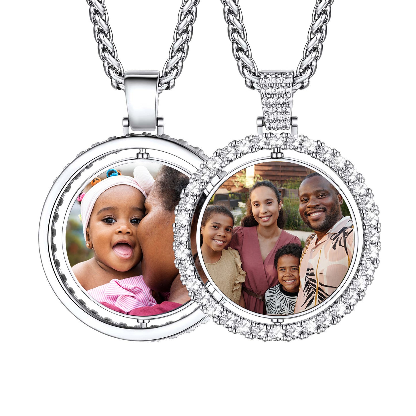 Custom4U Personalized Rotatable CZ Round Double Side Picture Necklace
