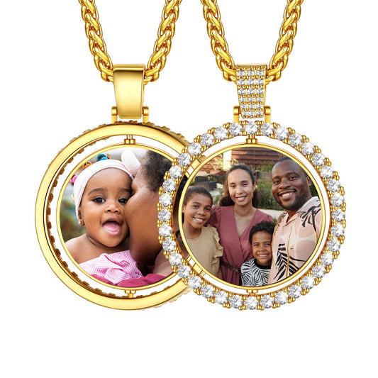 Custom4U Personalized Rotatable CZ Round Double Side Picture Necklace