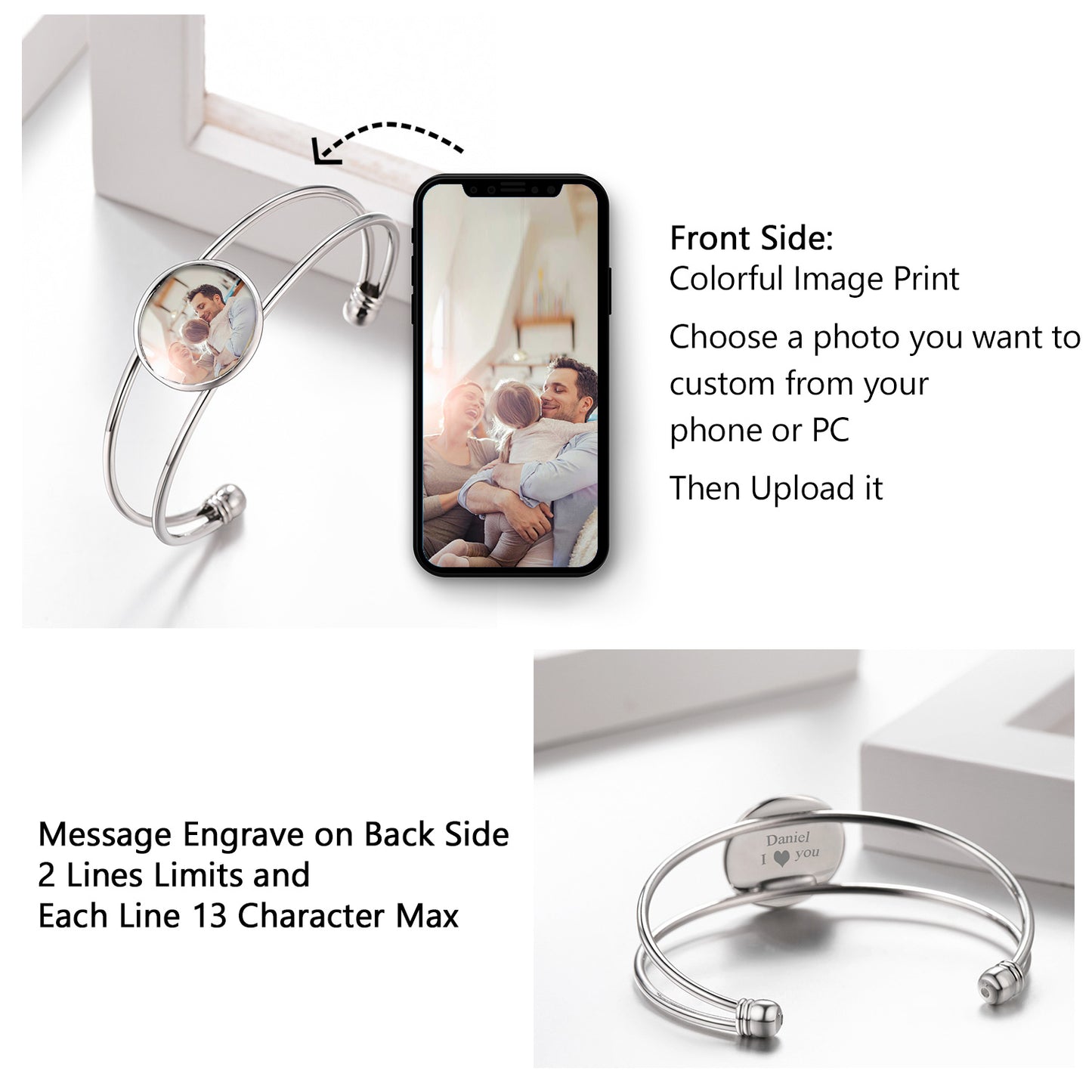 Custom4U Customized Unisex Open Bangle Cuff Photo Bracelet