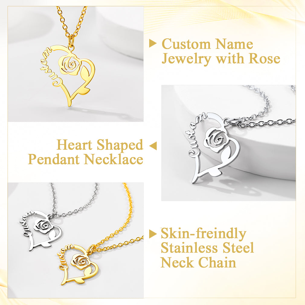 Custom4U Personalized Rose Heart Name Necklace