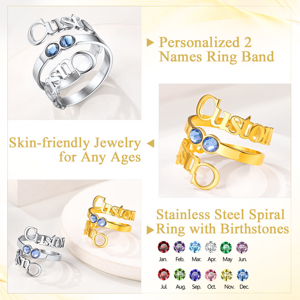 Custom4U Personalized Birthstone Double Adjustable Name Ring