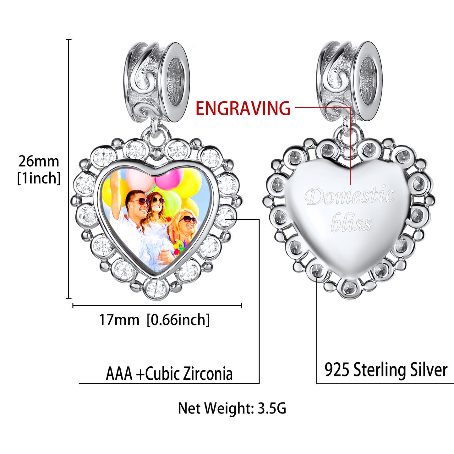 Custom4U Personalized Heart Charm Bead Bracelet Pendant-Dimension Figure