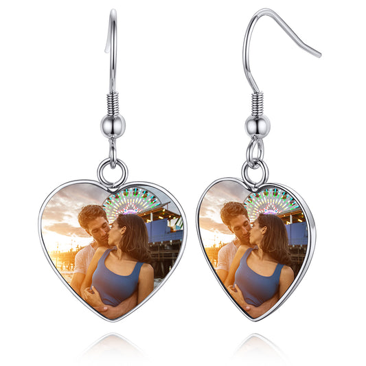 Custom4U Personalized Heart Pendant Picture Earrings for Women