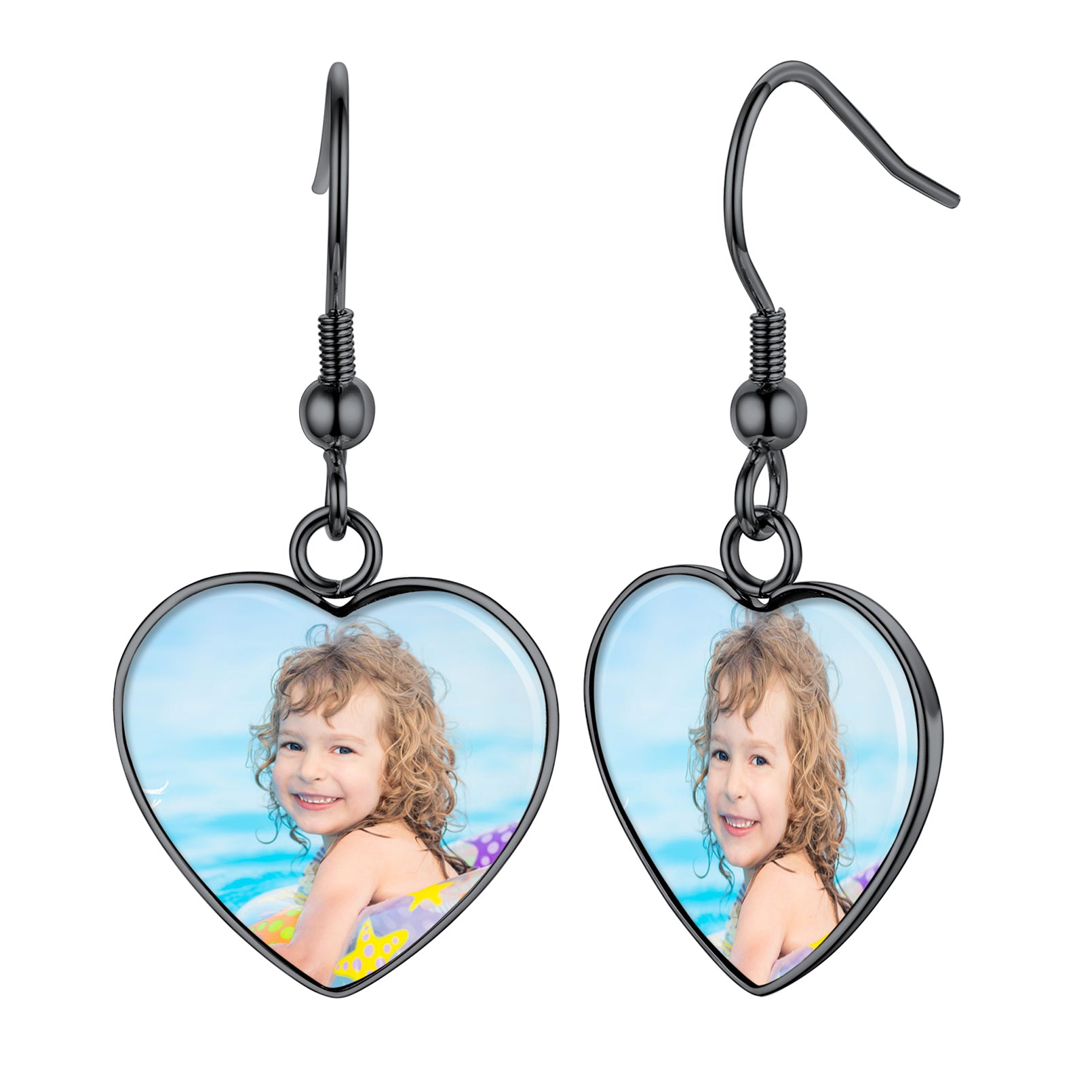 Custom4U Personalized Heart Pendant Picture Earrings for Women black