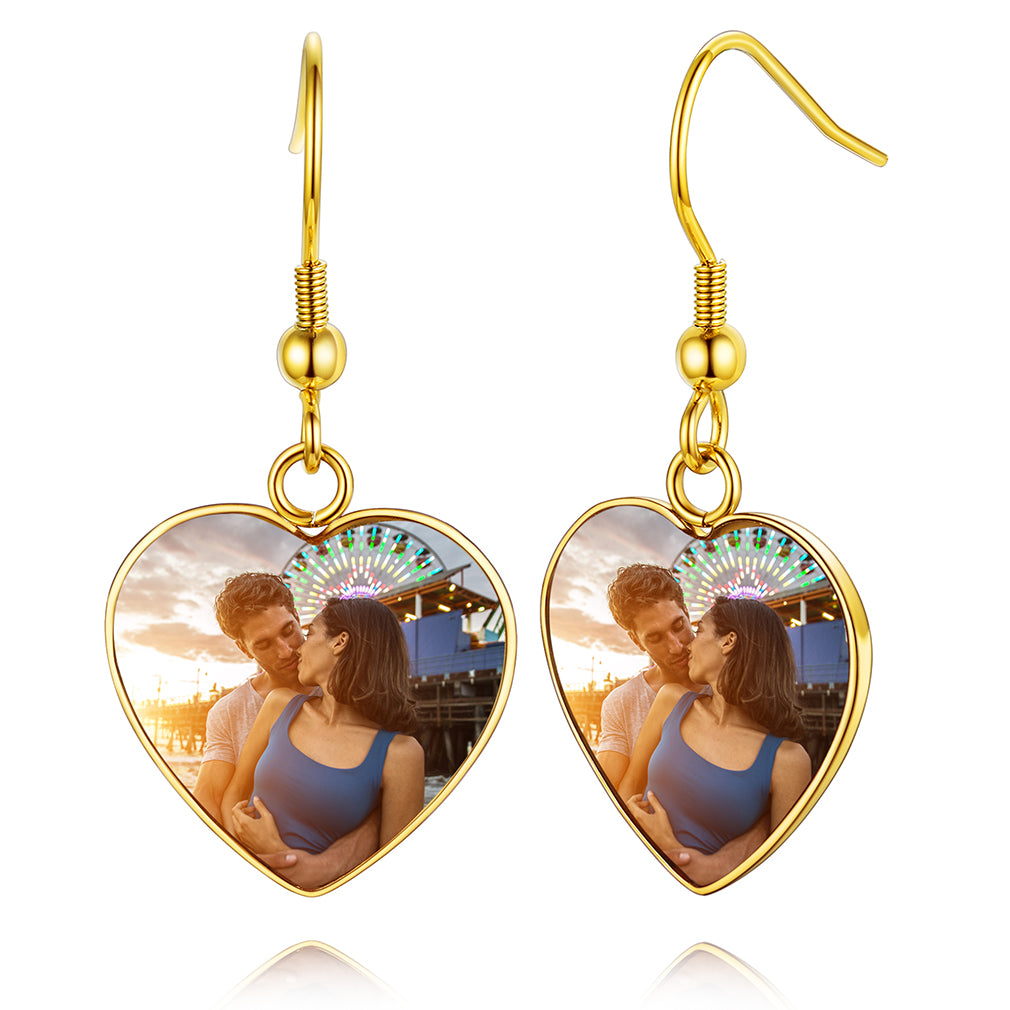 Custom4U Personalized Heart Pendant Picture Earrings for Women Gold