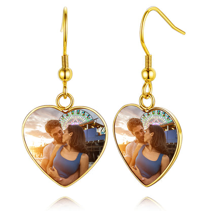 Custom4U Personalized Heart Pendant Picture Earrings for Women Gold
