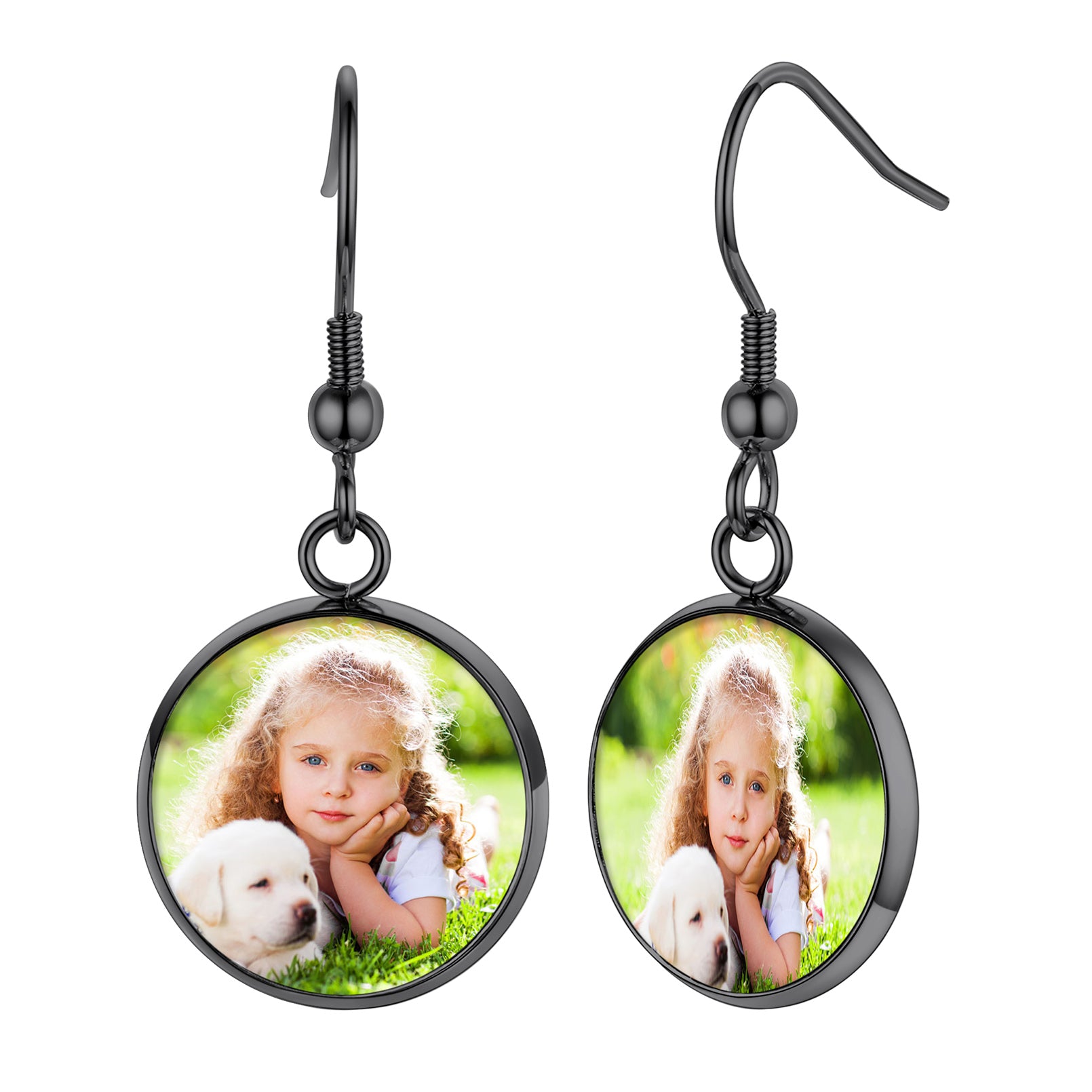 Custom4U Personalized Balck Color Round Picture Pendant Earrings