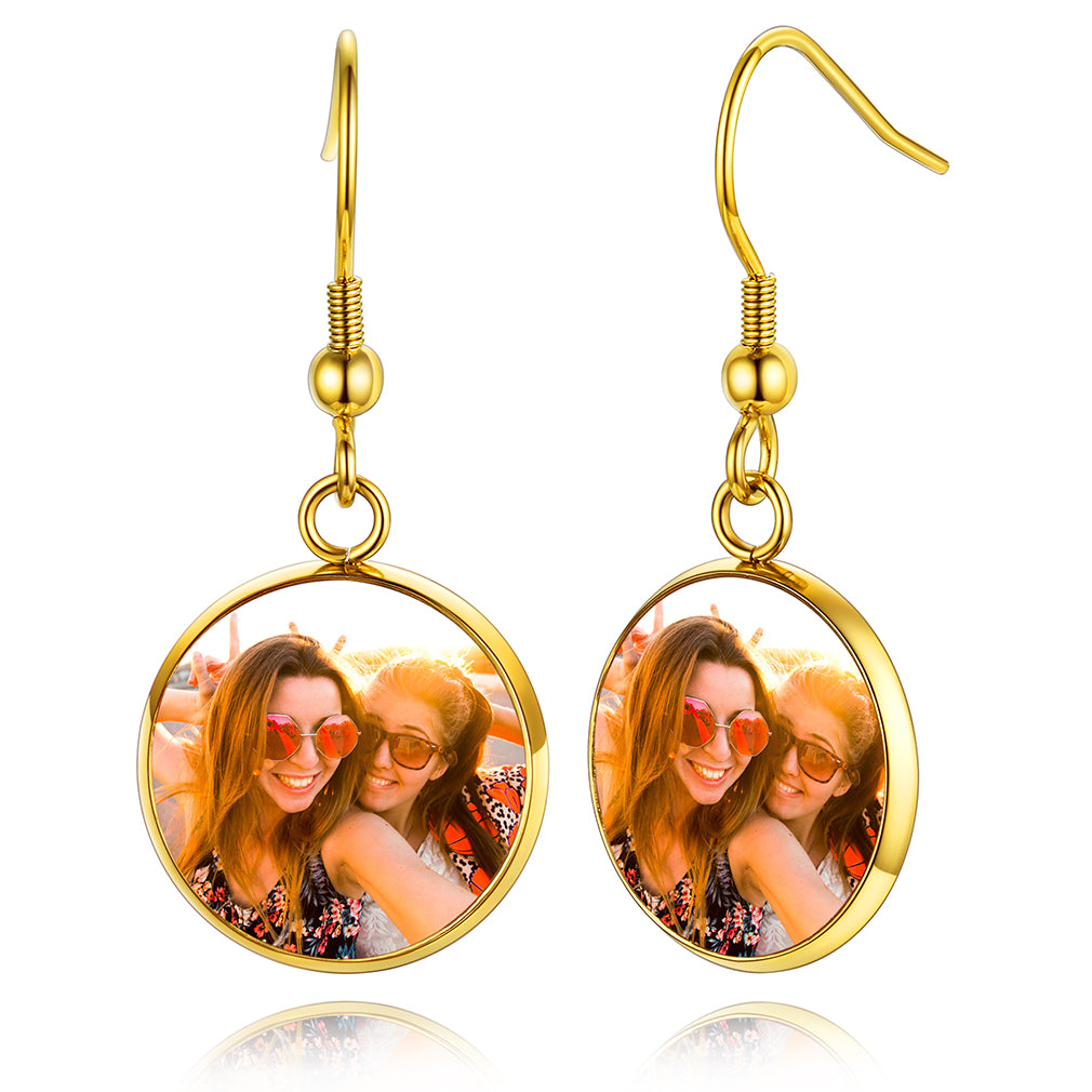 Custom4U Personalized Gold Color Round Picture Pendant Earrings