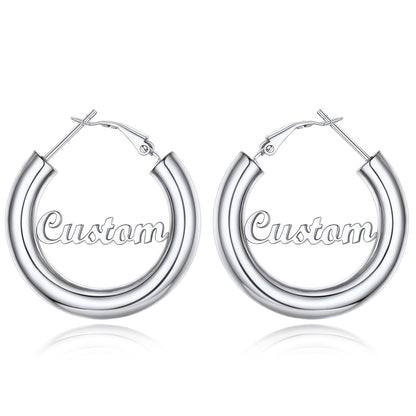 Custom4U Personalized 30MM Silver Color Engrave Name Hoop Earrings