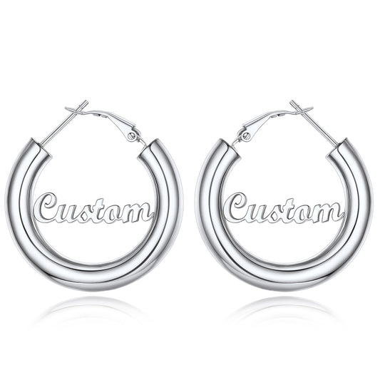 Custom4U Personalized 30MM Silver Color Engrave Name Hoop Earrings