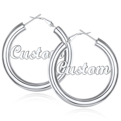 Custom4U Personalized 40MM Silver Color Engrave Name Hoop Earrings