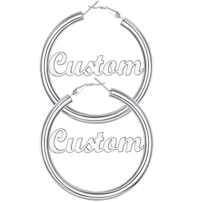 Custom4U Personalized 60MM Silver Color Engrave Name Hoop Earrings