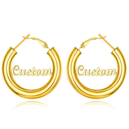 Custom4U Personalized 30MM Gold Color Engrave Name Hoop Earrings