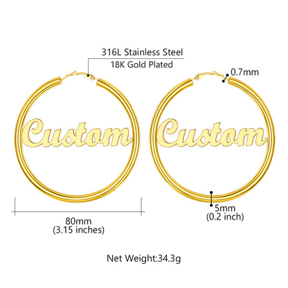 Custom4U Personalized 80MM  Engrave Name Hoop Earrings-Dimension Figure