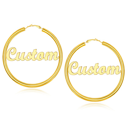 Custom4U Personalized 80MM Gold Color Engrave Name Hoop Earrings