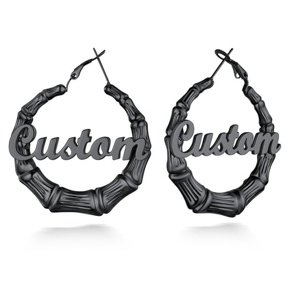 Custom4U Personalized Bamboo Hoop Earrings-Black