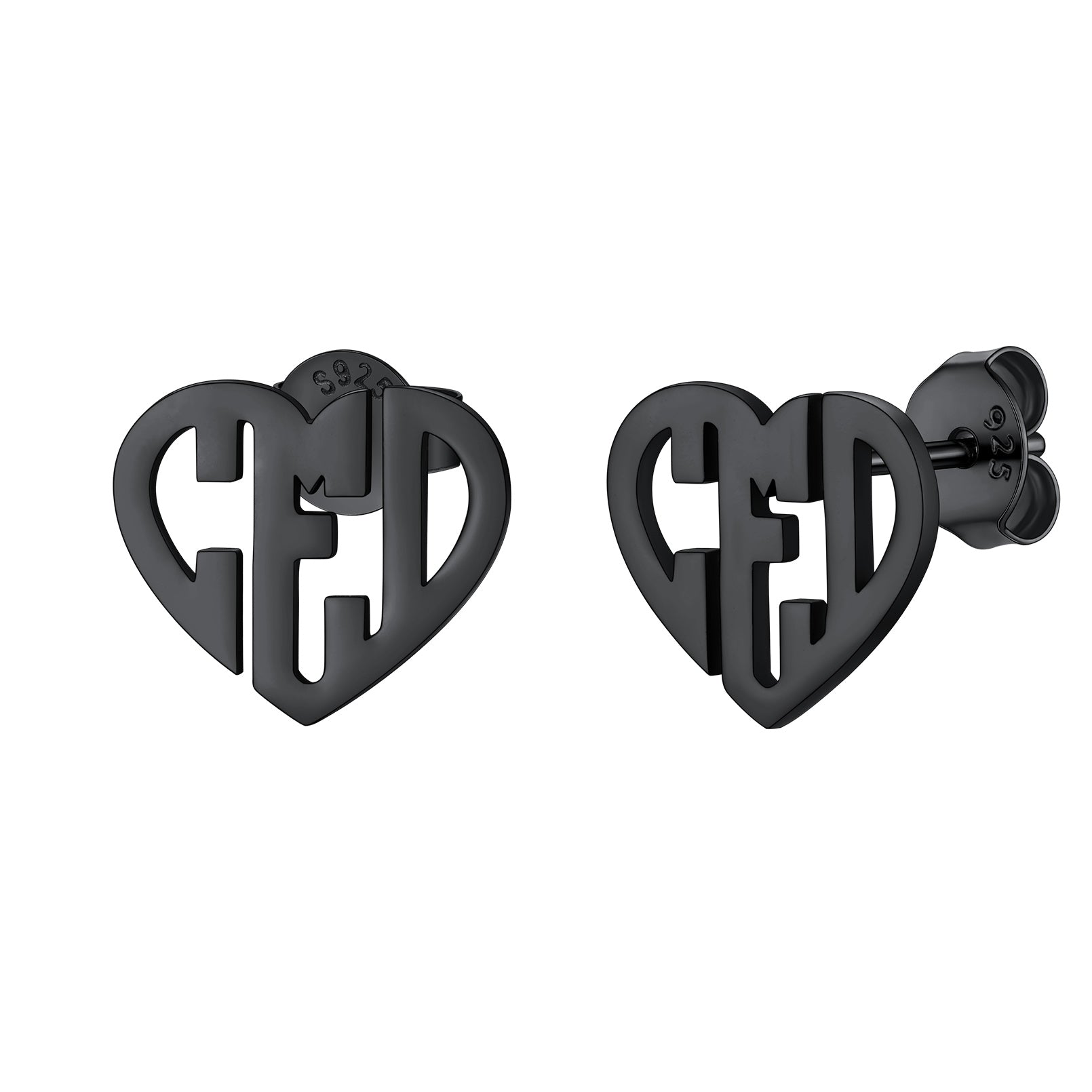 Custom4U Black Heart Initials Stud Earrings