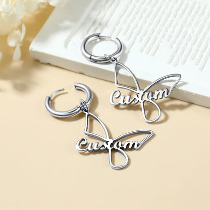 Custom4U Personalized Name Butterfly Drop Earrings Steel