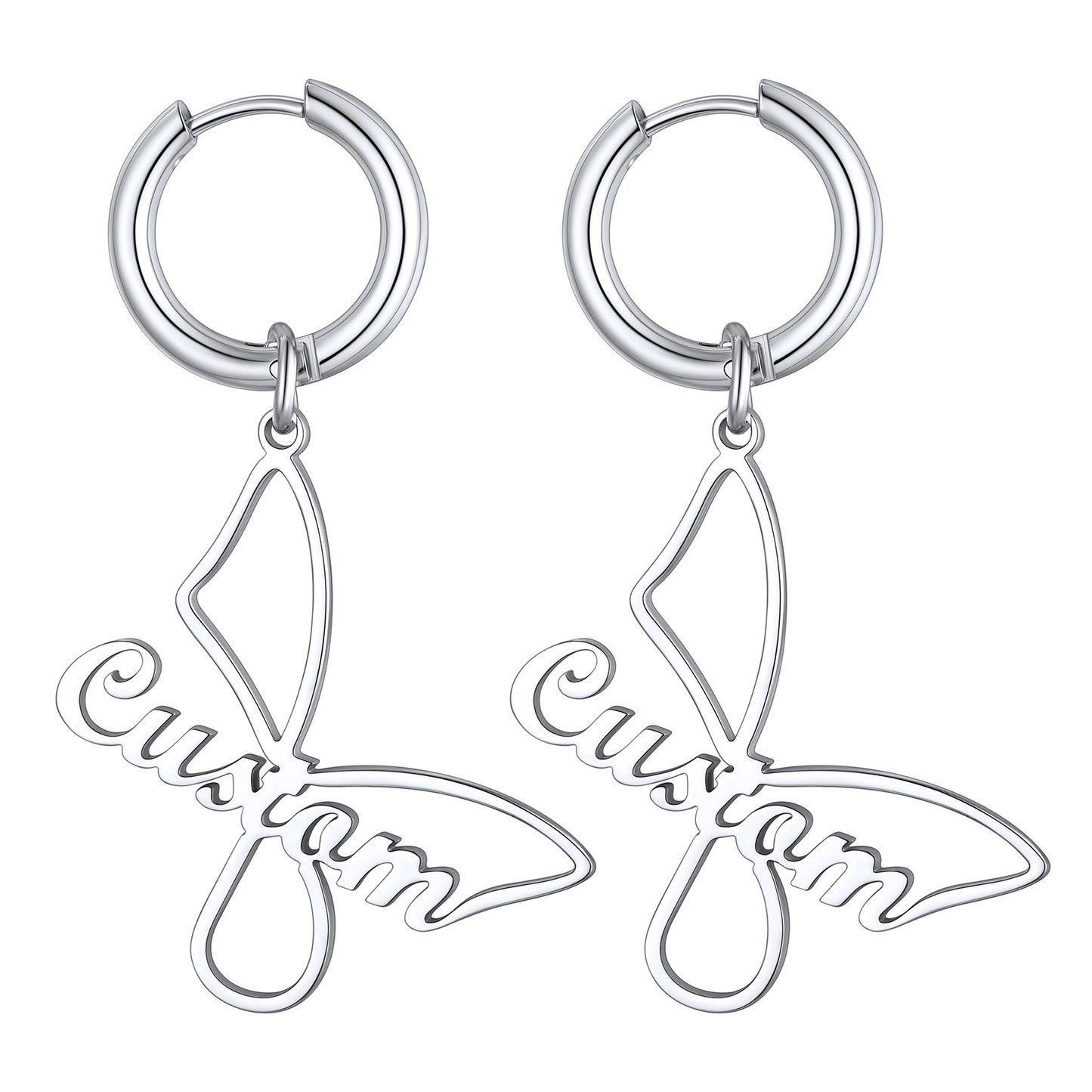 Custom4U Personalized Name Butterfly Drop Earrings-Platinum Plated
