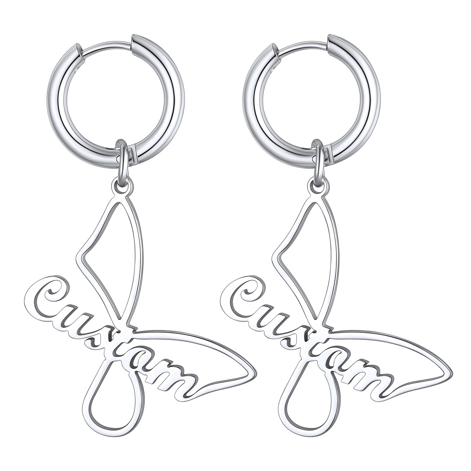 Custom4U Personalized Name Butterfly Drop Earrings-Platinum Plated