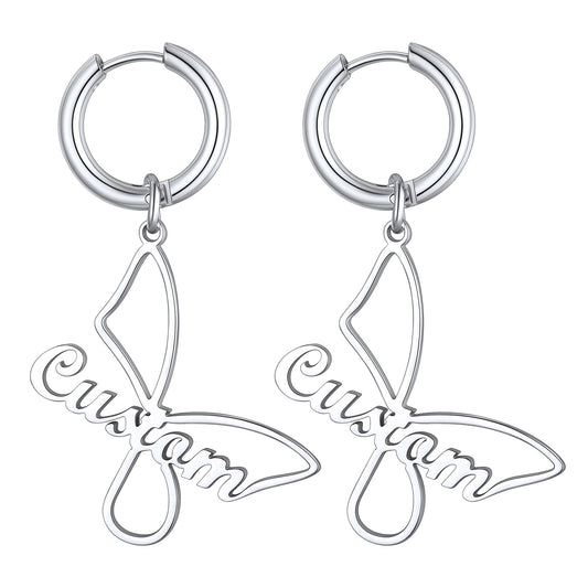 Custom4U Personalized Name Butterfly Drop Earrings-Platinum Plated