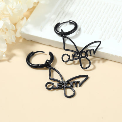 Custom4U Personalized Name Butterfly Drop Earrings Black