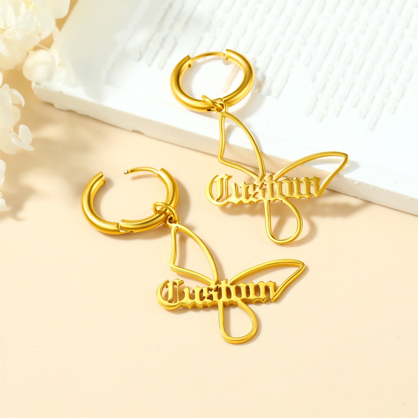 Custom4U Personalized Name Butterfly Drop Earrings Gold
