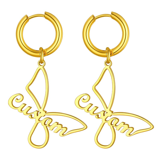 Custom4U Personalized Name Butterfly Drop Earrings-Gold plated