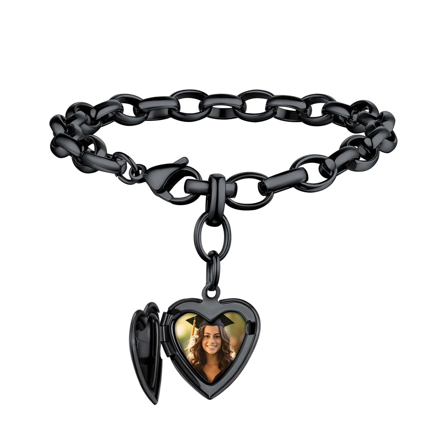 Custom4U Personalized Picture Charm Bracelet with Locket for Women black