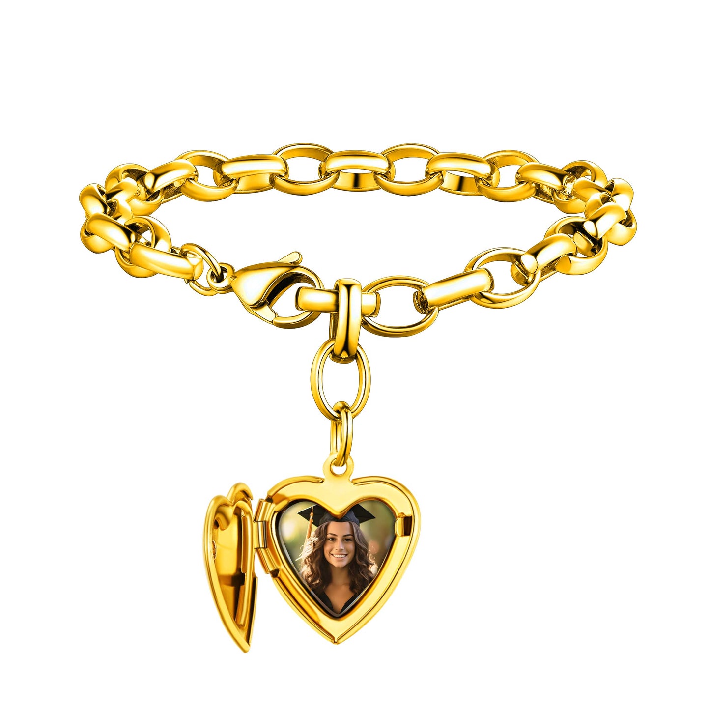 Custom4U Personalized Picture Charm Bracelet with Locket for Women gold