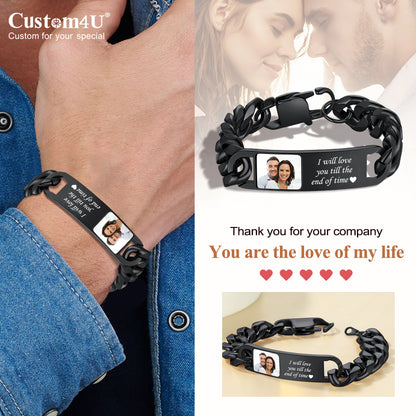 Custom4U Engraved Bar Cuban Chain Bracelet with Picture For Men