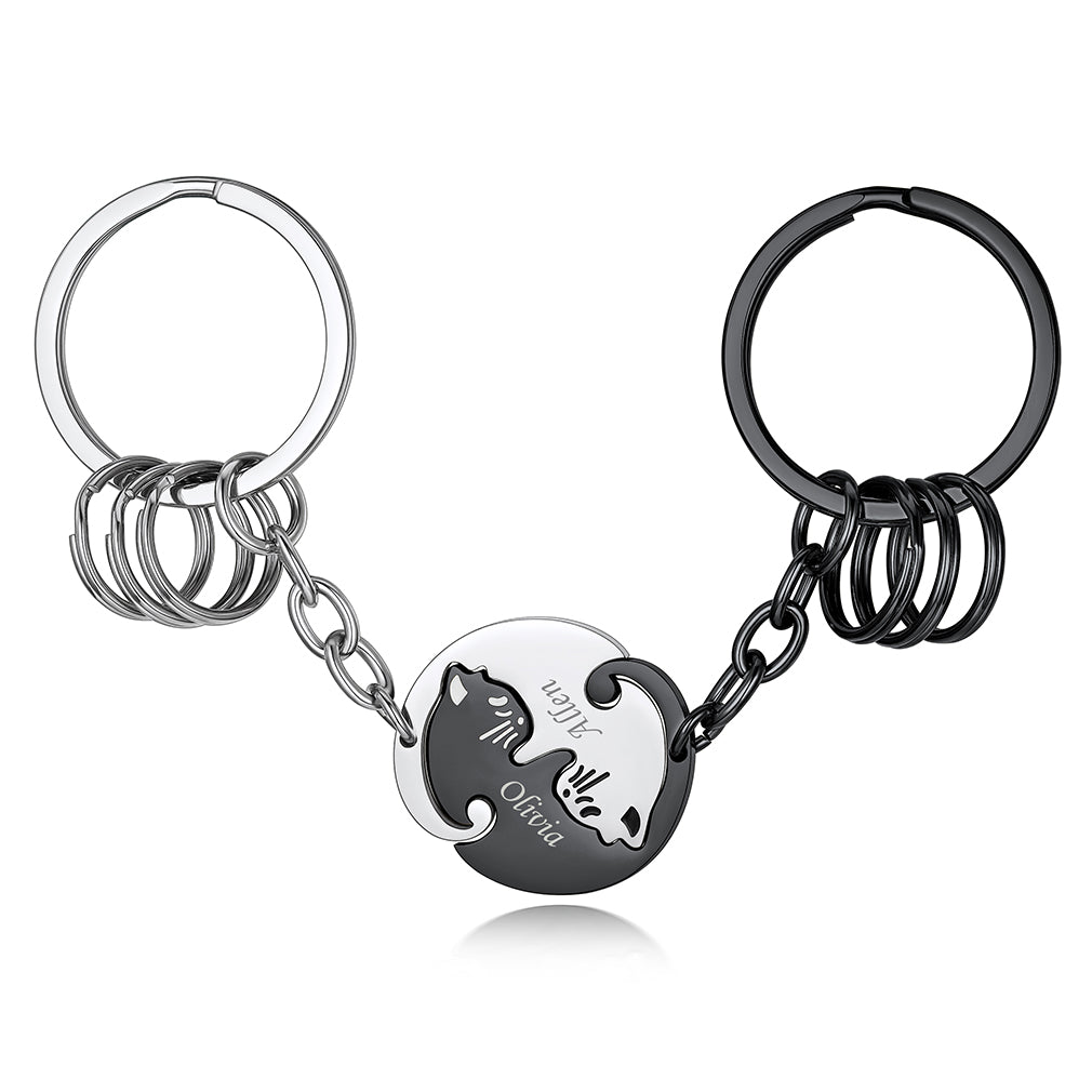 Custom4U Black+Steel Yin Yang Cats Keychain