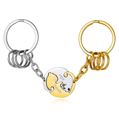 Custom4U Gold+Steel Yin Yang Cats Keychain