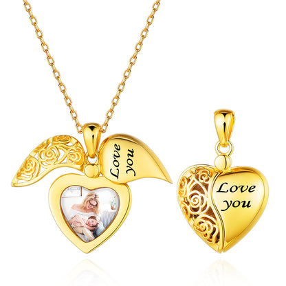 Gold Custom4U Personalized Engraved Heart Hollow Pattern Locket Necklace