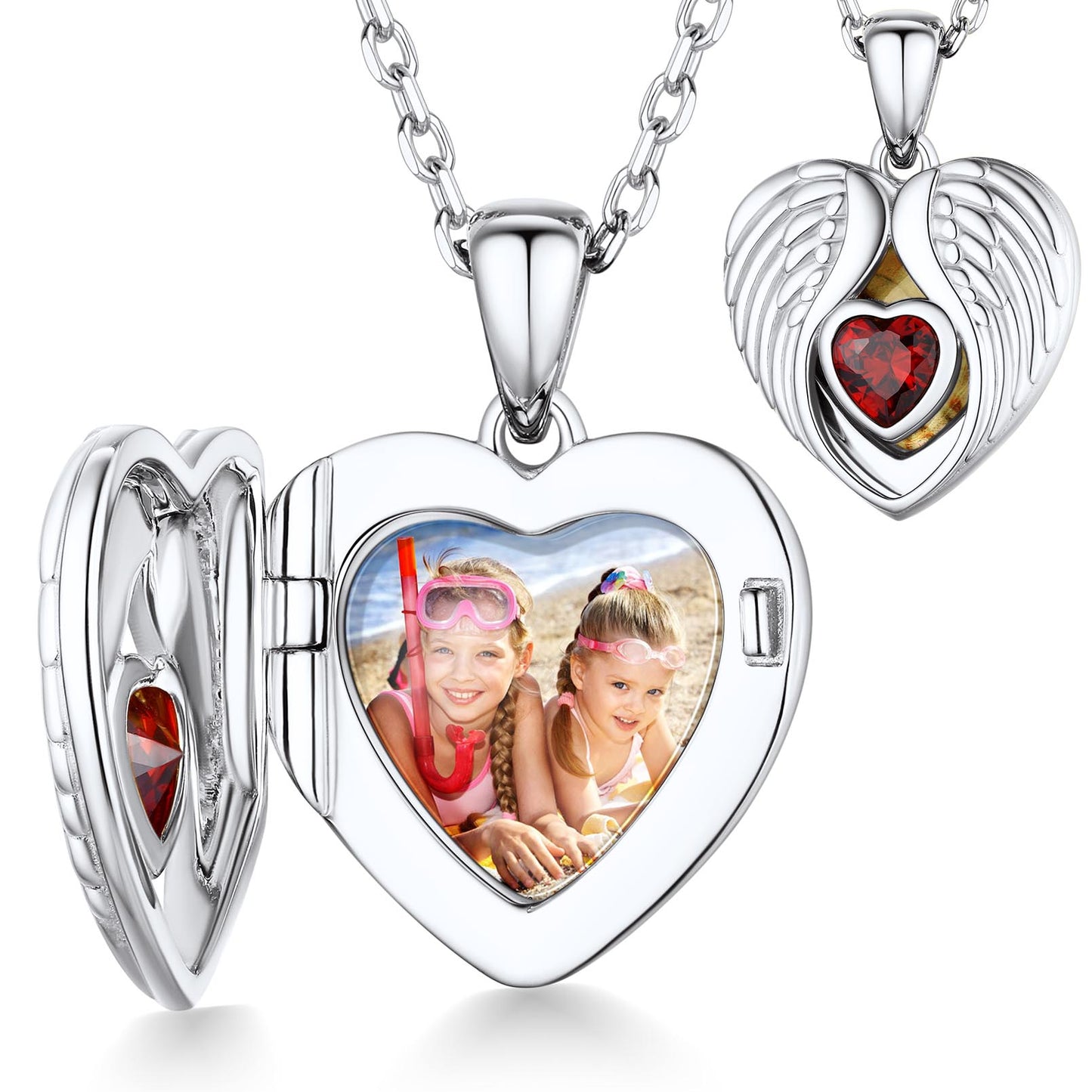 for test Sterling Silver Photo Necklace Angel Wings Heart Birthstone Locket