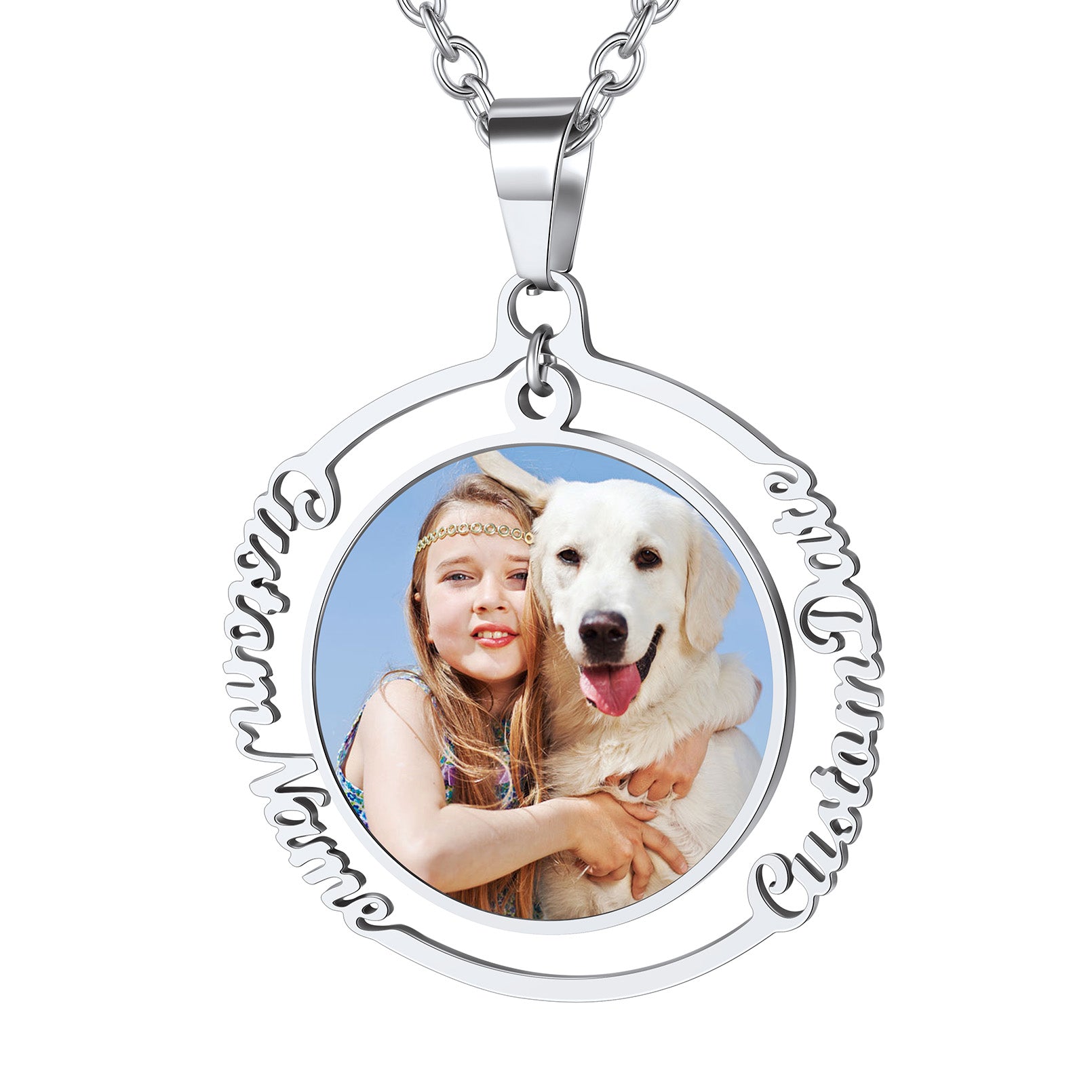 Custom4U Personalized Round Photo Necklace with Names-Steel