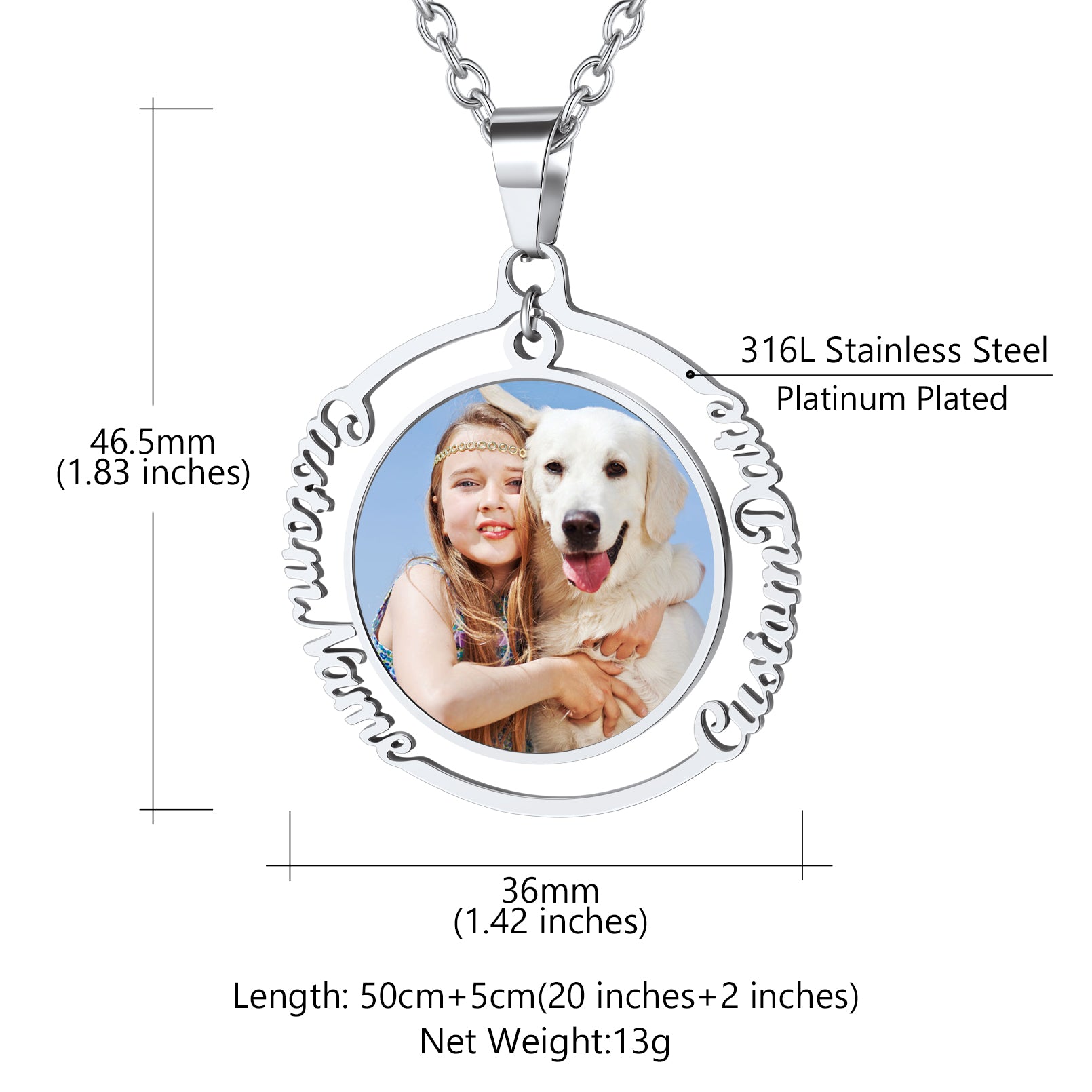 Custom4U Personalized Round Engraved Name Photo Necklace-Dimension Figure