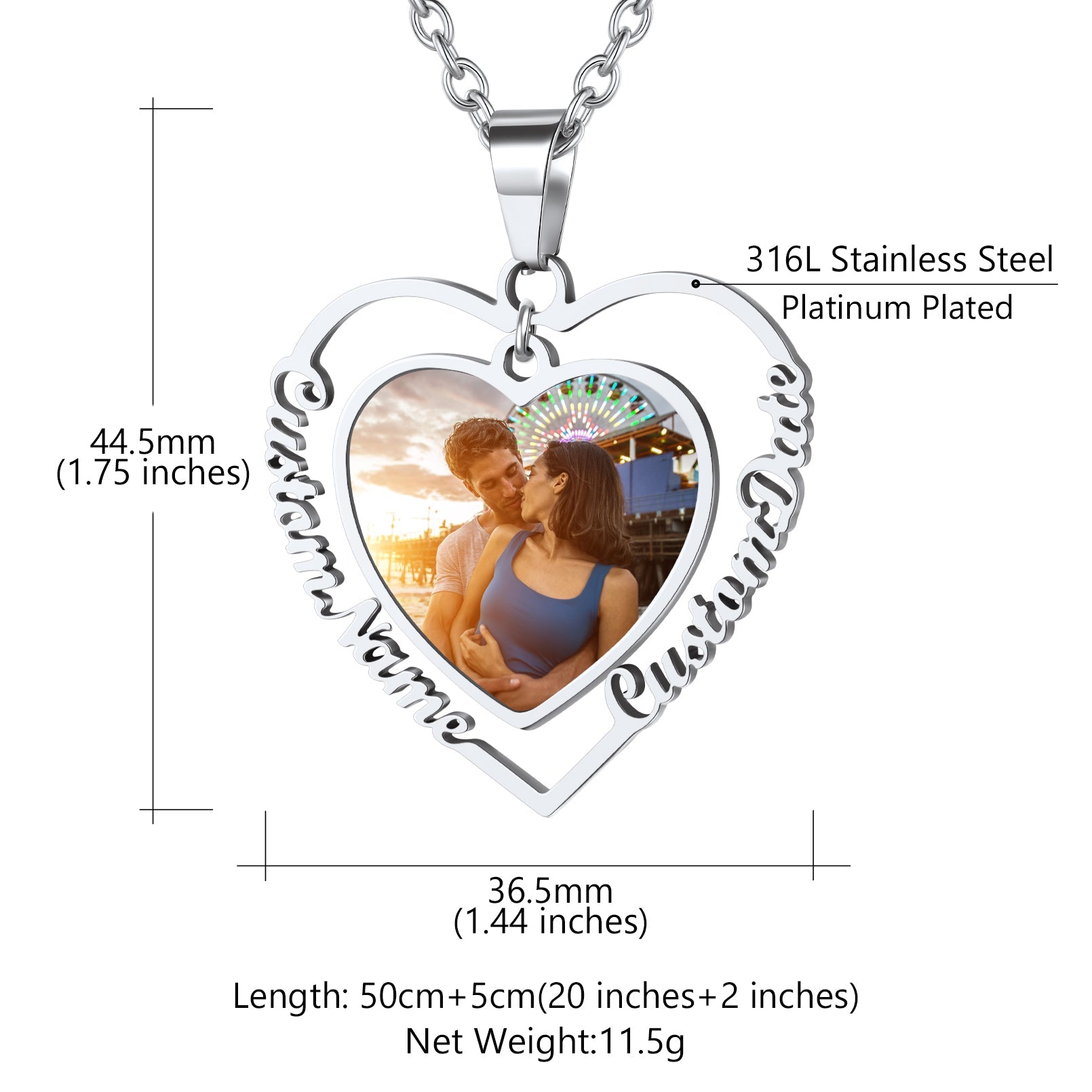 Custom4U Personalized Heart Engraved Name Photo Necklace Dimension Figure 