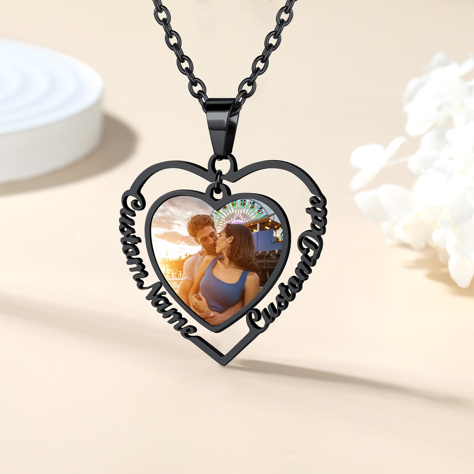 Custom4U Personalized Heart/Round Engraved Name Photo Necklace