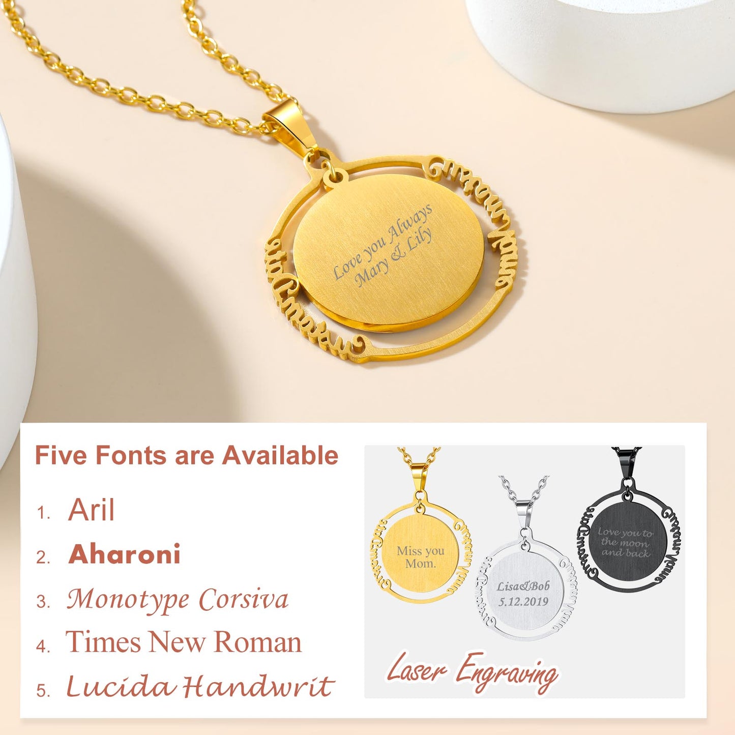 Custom4U Personalized Round Photo Necklace with Names-5 font available
