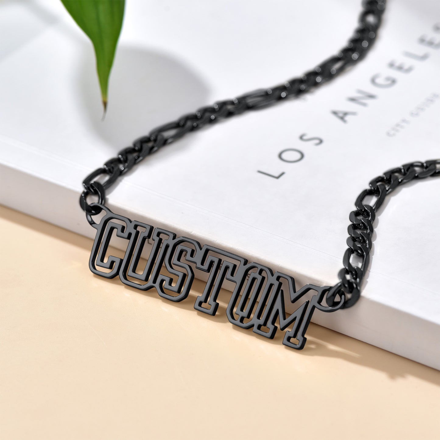 Custom4U Personalized Name Figaro Chain Necklace-Black Plated