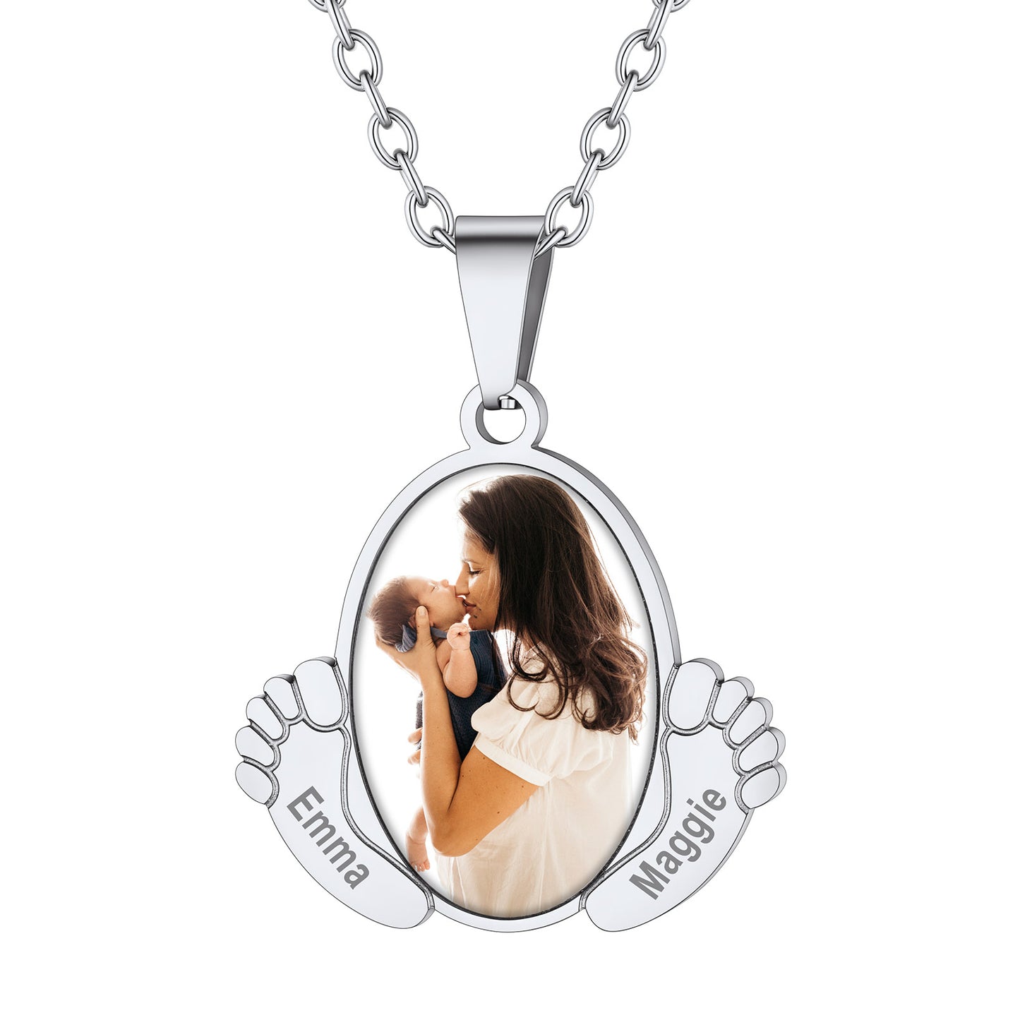 Custom4U Customized Oval Baby Feet Picture Necklace with Name Engraved-Steel