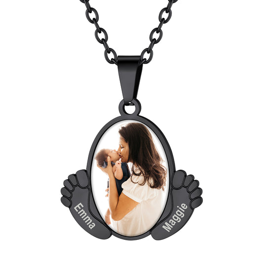 Custom4U Customized Oval Baby Feet Picture Necklace with Name Engraved-Black Plated