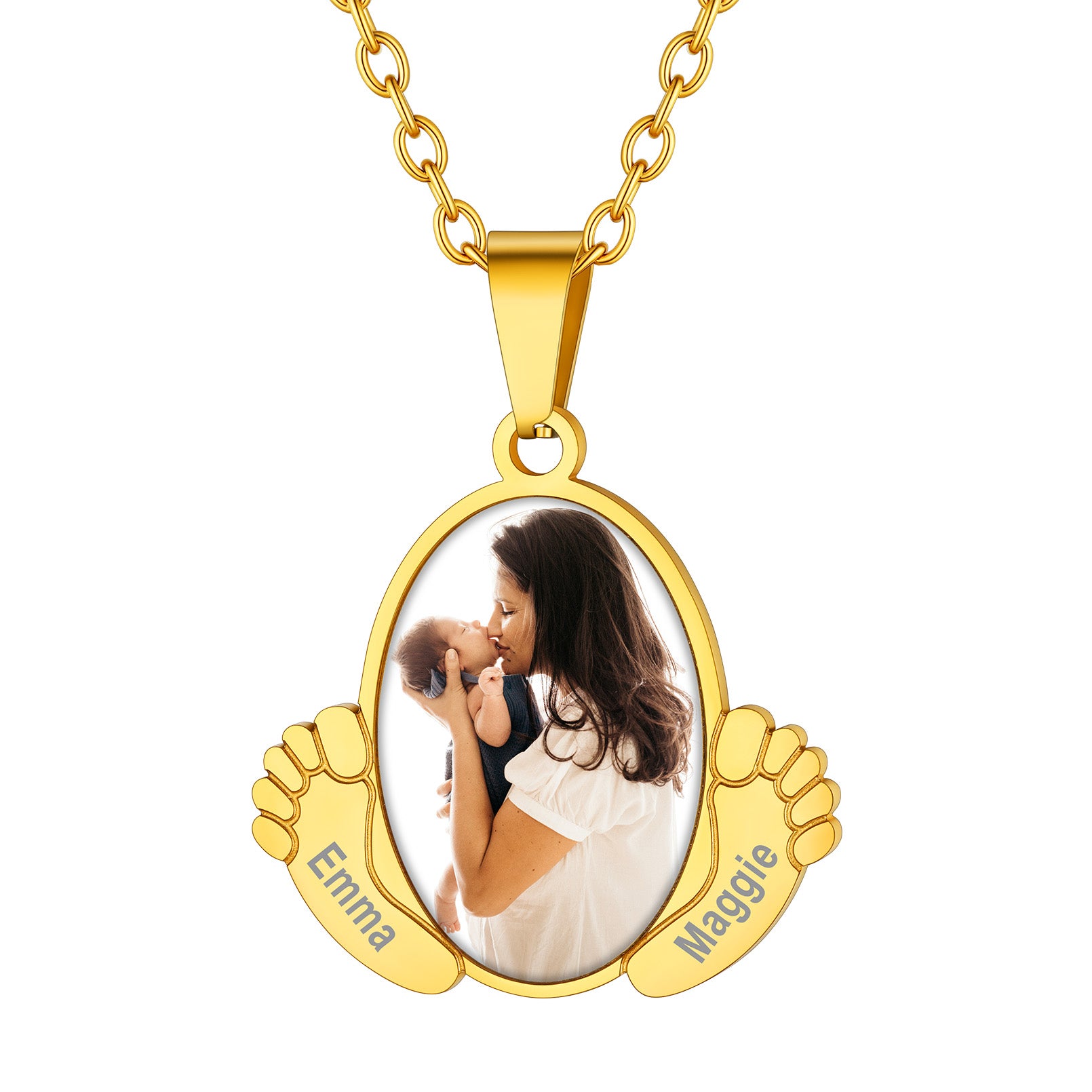  Custom4U Customized Oval Baby Feet Picture Necklace with Name Engraved-Gold Plated