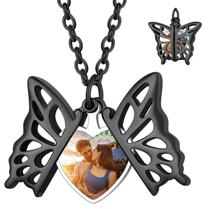 Custom4U Personalized Hollow Butterfly Photo Necklace for Women Black