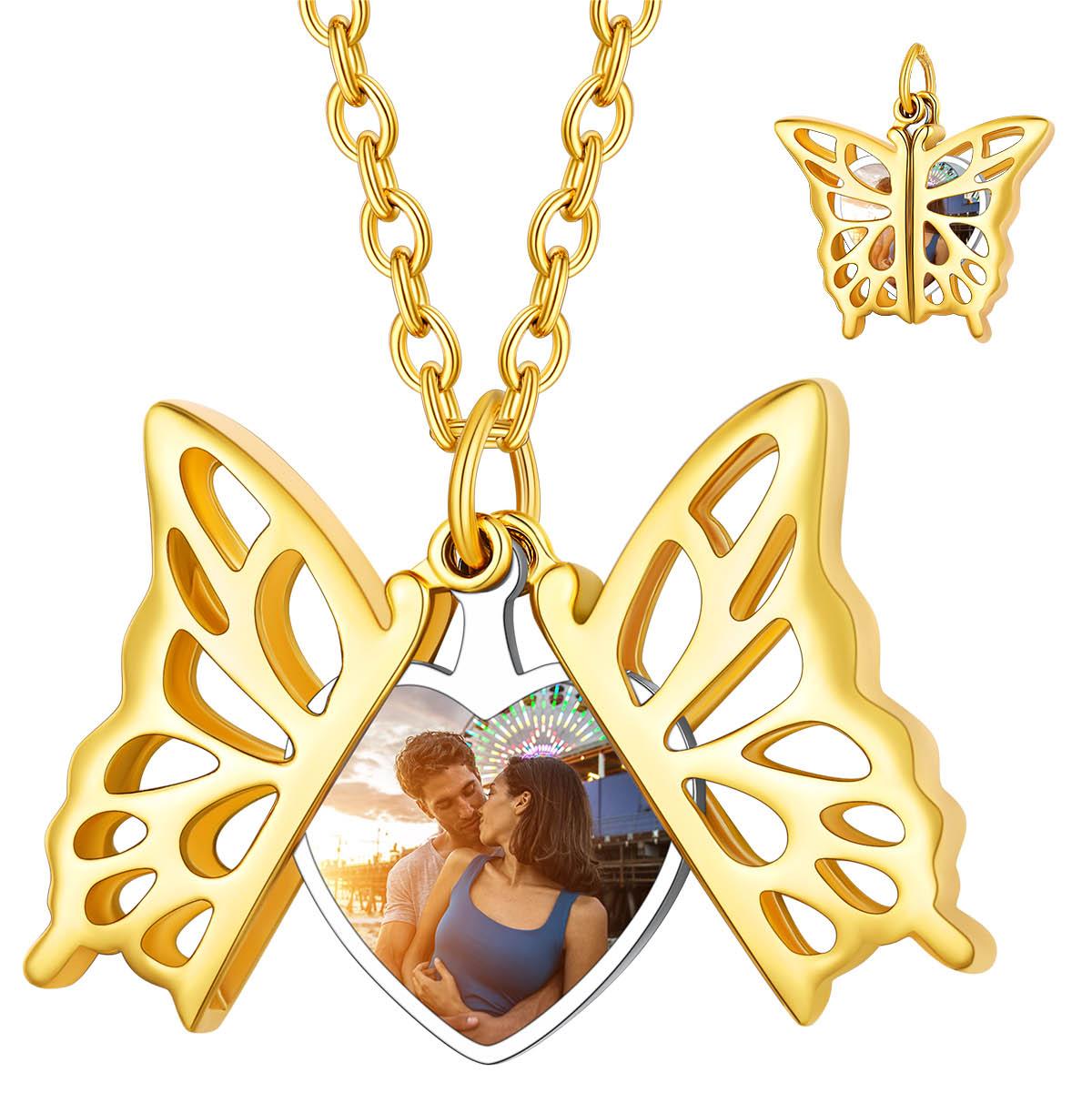 Custom4U Personalized Hollow Butterfly Photo Necklace for Women Gold