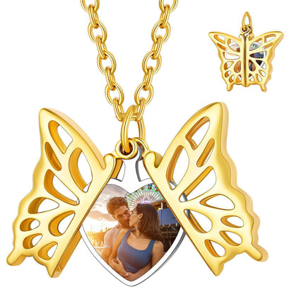 Custom4U Personalized Hollow Butterfly Photo Necklace for Women Gold