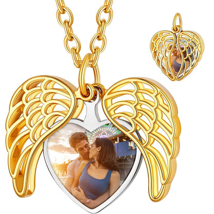 Custom4U Personalized Angel Wings Heart Locket Necklace with Picture
